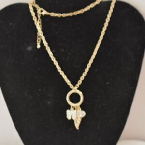 Classic Casual Butterfly/Leaf/Bead Charm Gold Tone Link 30" Necklace
